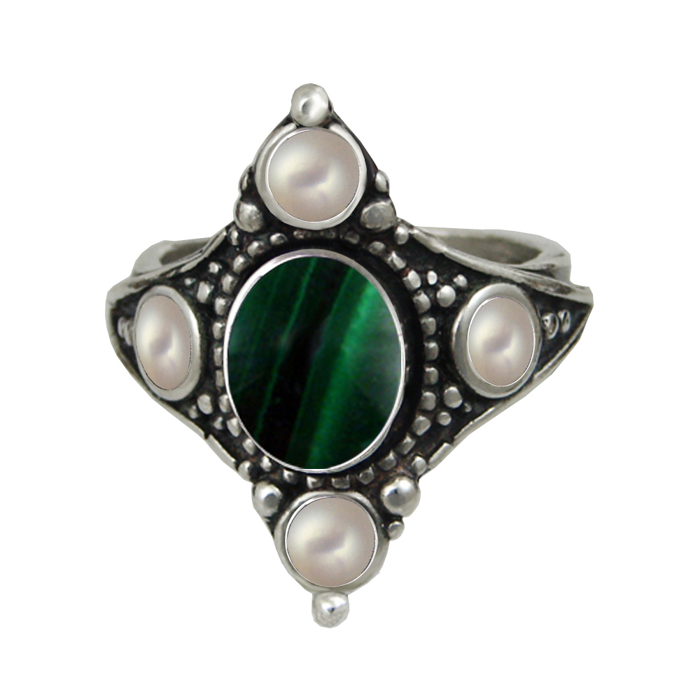 Sterling Silver Queen's Ring With Malachite And Cultured Freshwater Pearl Size 9